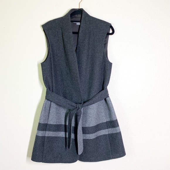 Vince Blanket Stripe Long Vest Small Belted Gray Wool Blend Pockets - Picture 1 of 6